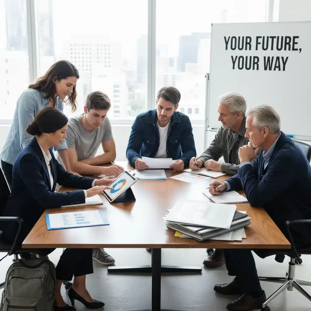 Financial advisor counseling diverse clients on retirement planning and investment decisions.