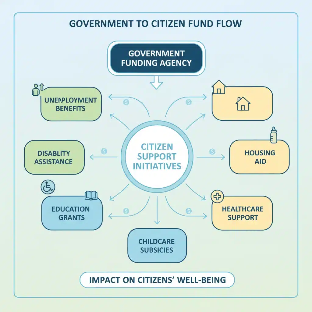 Infographic showing government financial aid distribution to various citizen support programs.