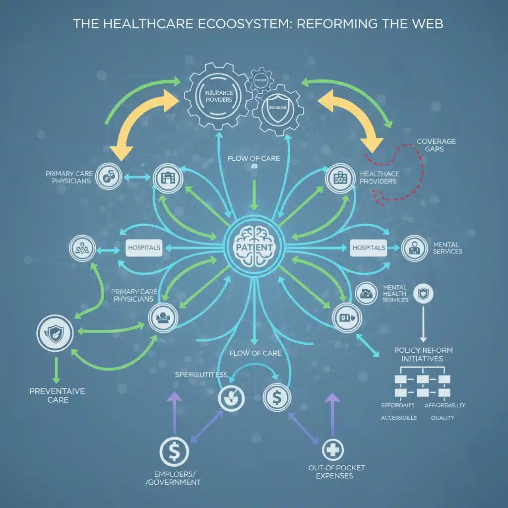 Infographic illustrating complex healthcare system and reform challenges