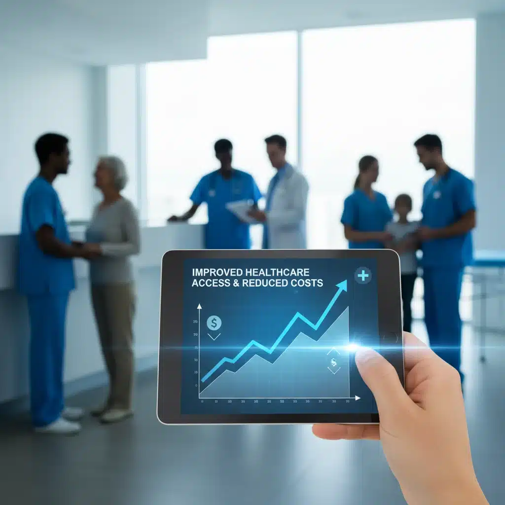 Digital tablet showing improved healthcare access and cost reduction graph