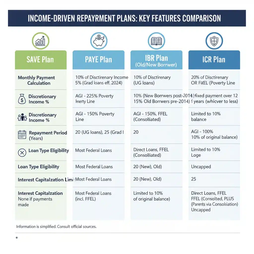 Infographic comparing income-driven repayment plan features.