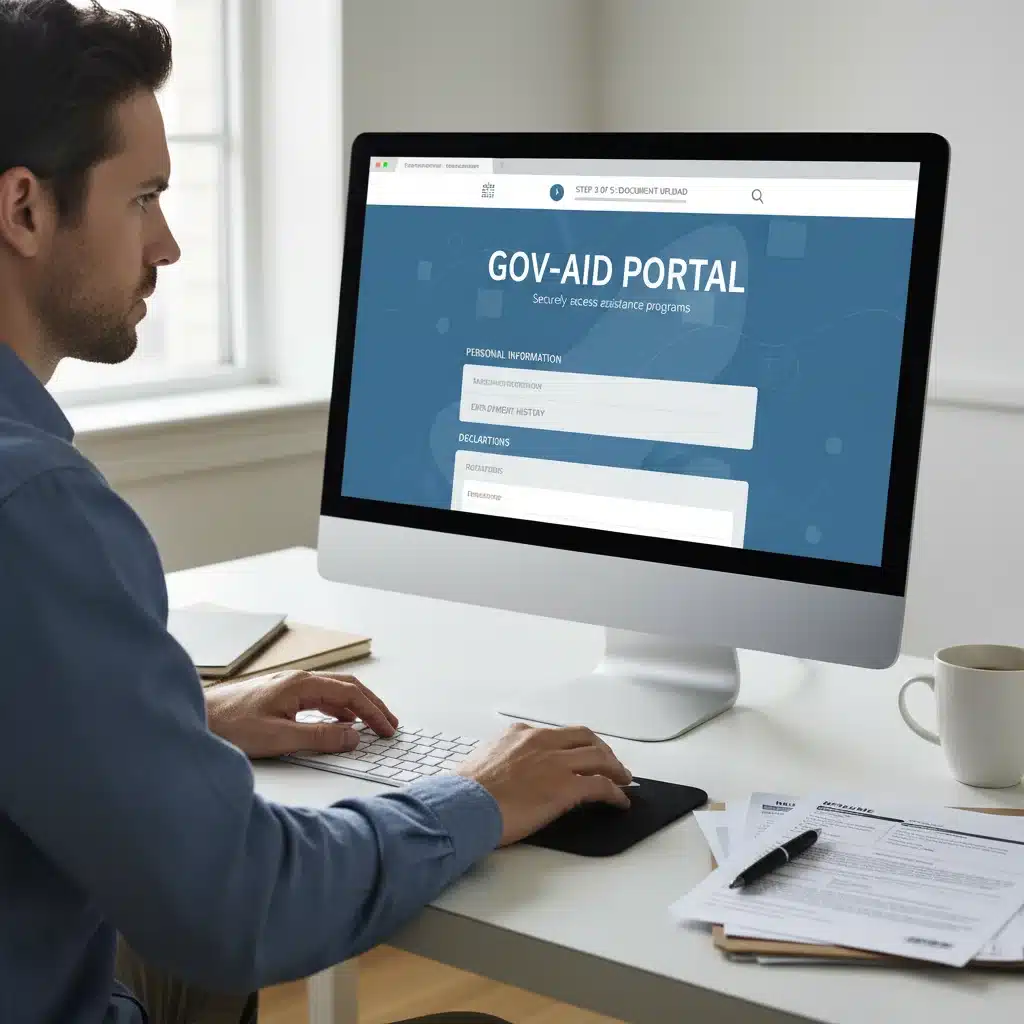 Person applying for financial assistance online, focused on a government portal on their computer.