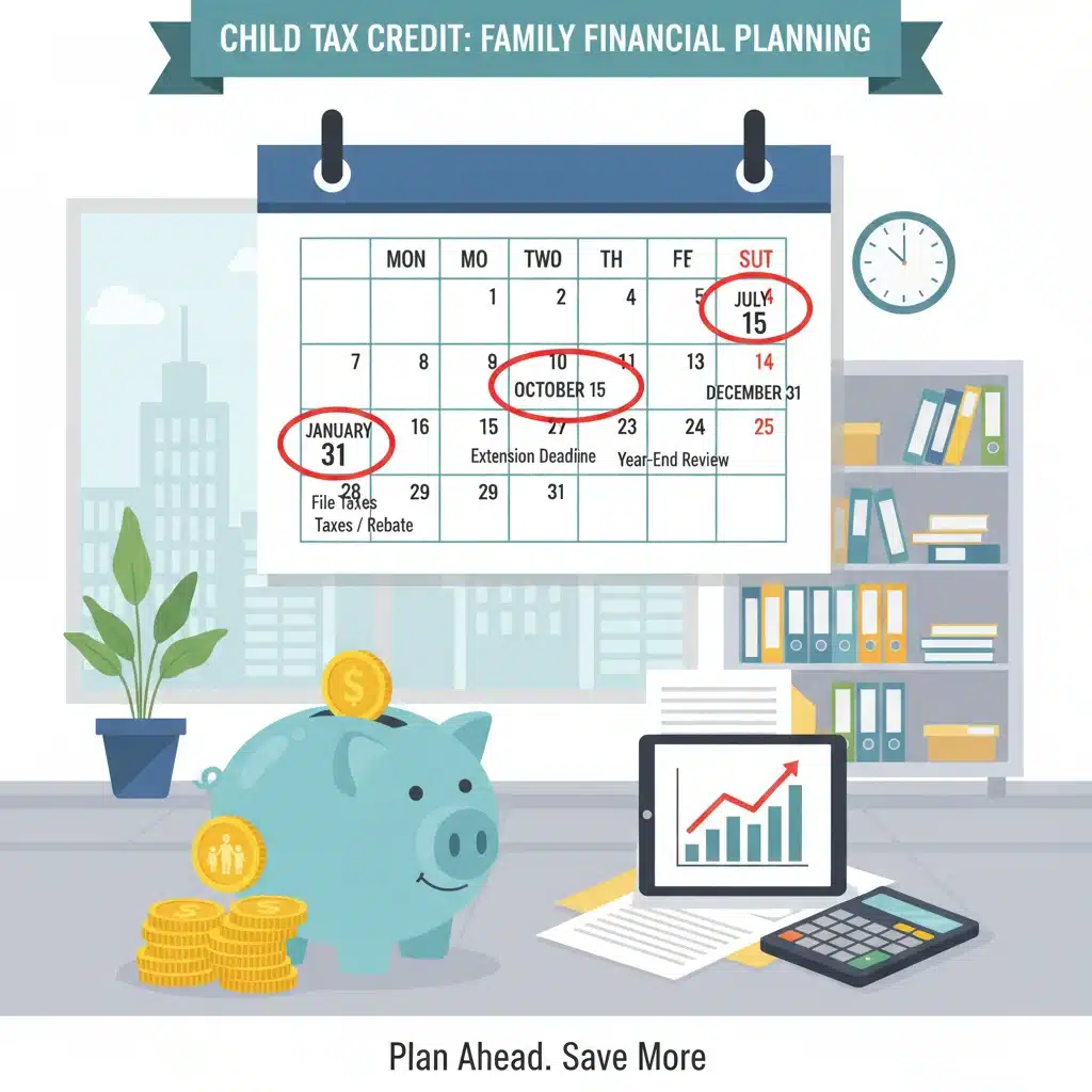 Calendar with tax deadlines and piggy bank for Child Tax Credit savings.