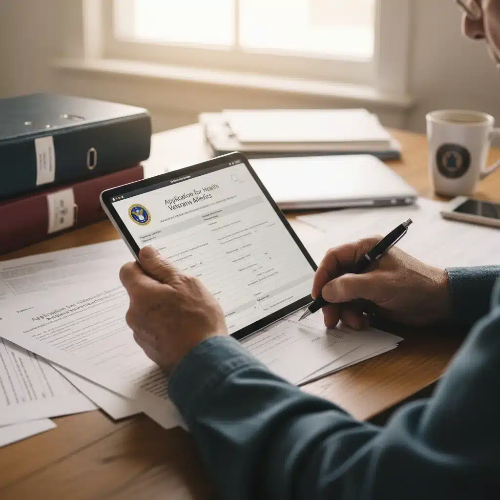 Veteran's hands filling out a VA healthcare application form on a tablet and with a pen, representing the application process.