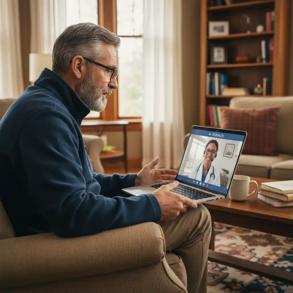 Veteran using telehealth for a medical consultation at home, illustrating modern healthcare accessibility.