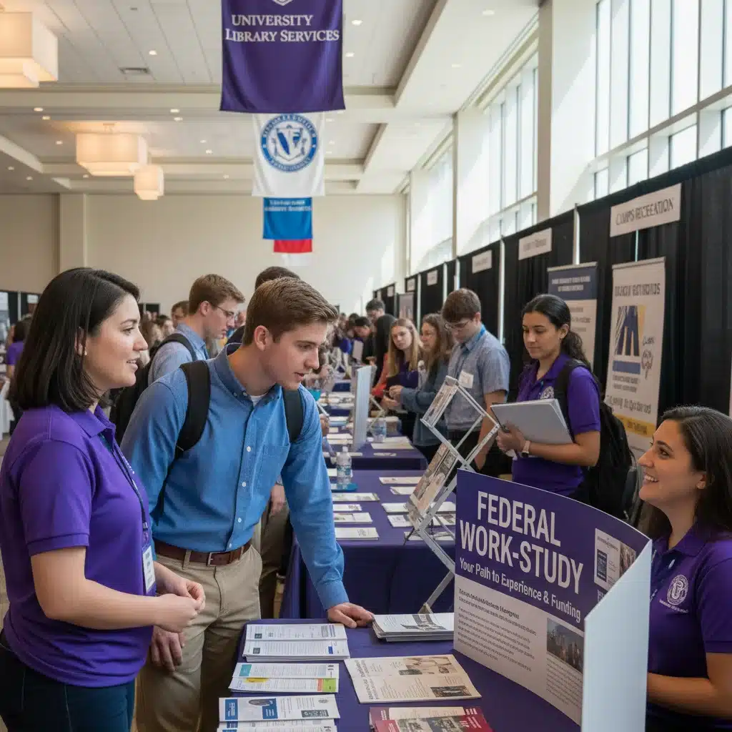 Student exploring Federal Work-Study job opportunities at a campus career fair