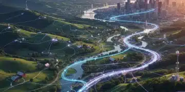 Digital network spanning diverse US landscapes, symbolizing universal broadband access