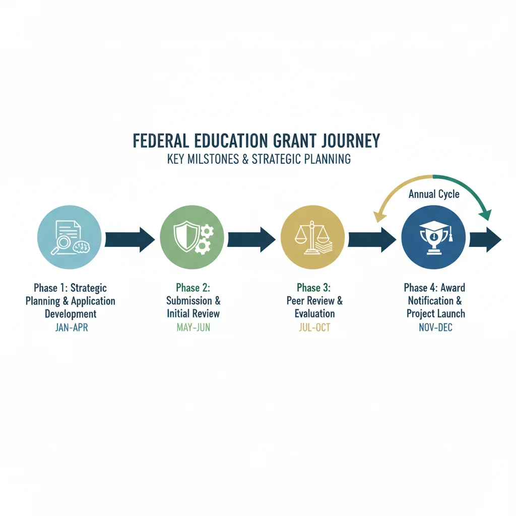 Infographic illustrating the strategic timeline for applying and receiving federal education grants in 2026.