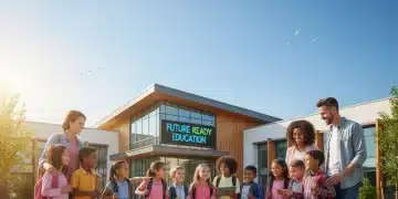 Parents and children in front of a modern school, symbolizing future education
