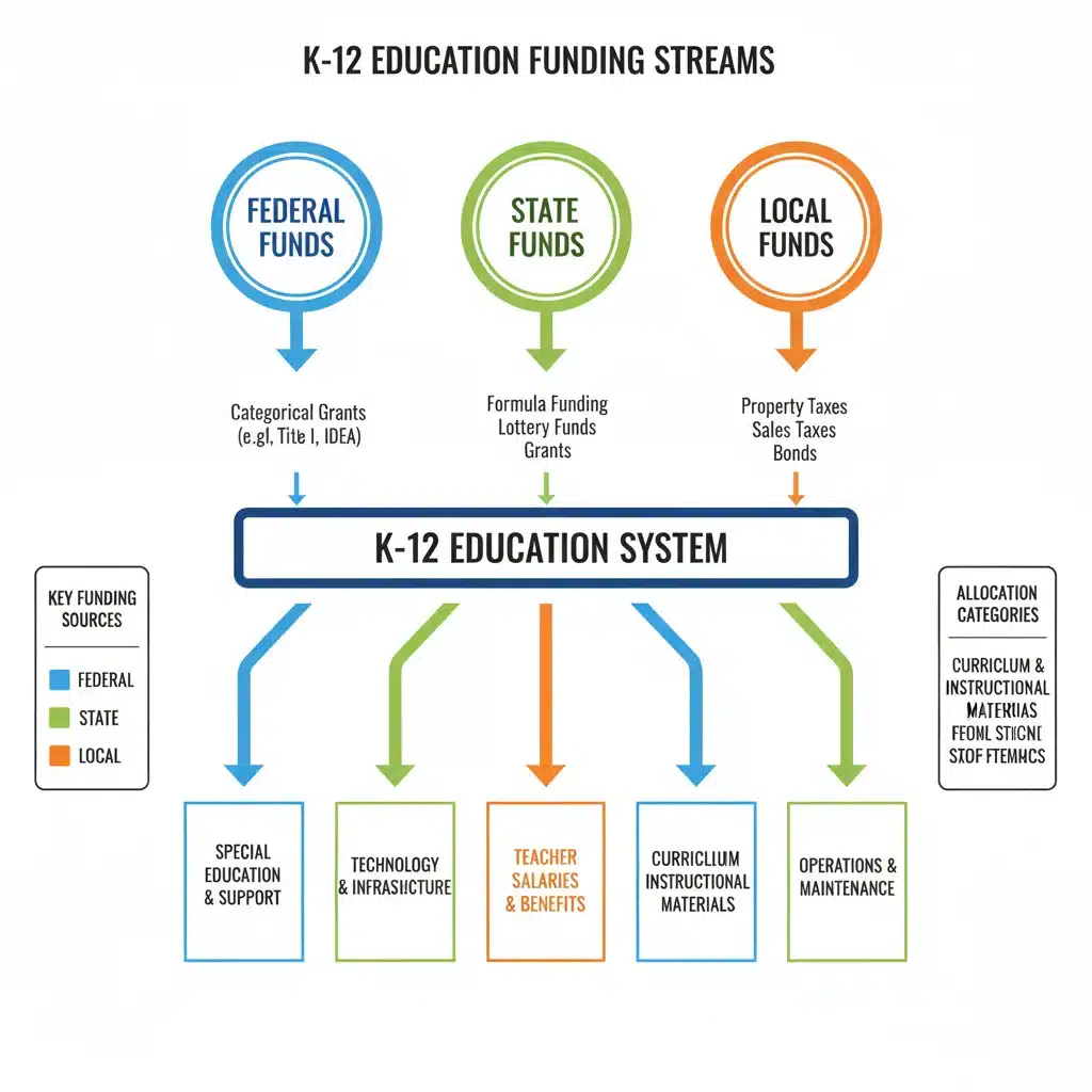 Infographic showing K-12 education funding streams and allocation