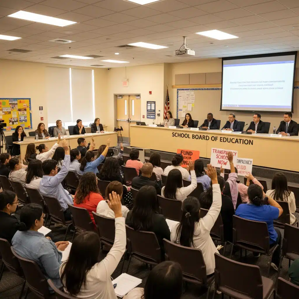 Parents engaging in a school board meeting about education policies