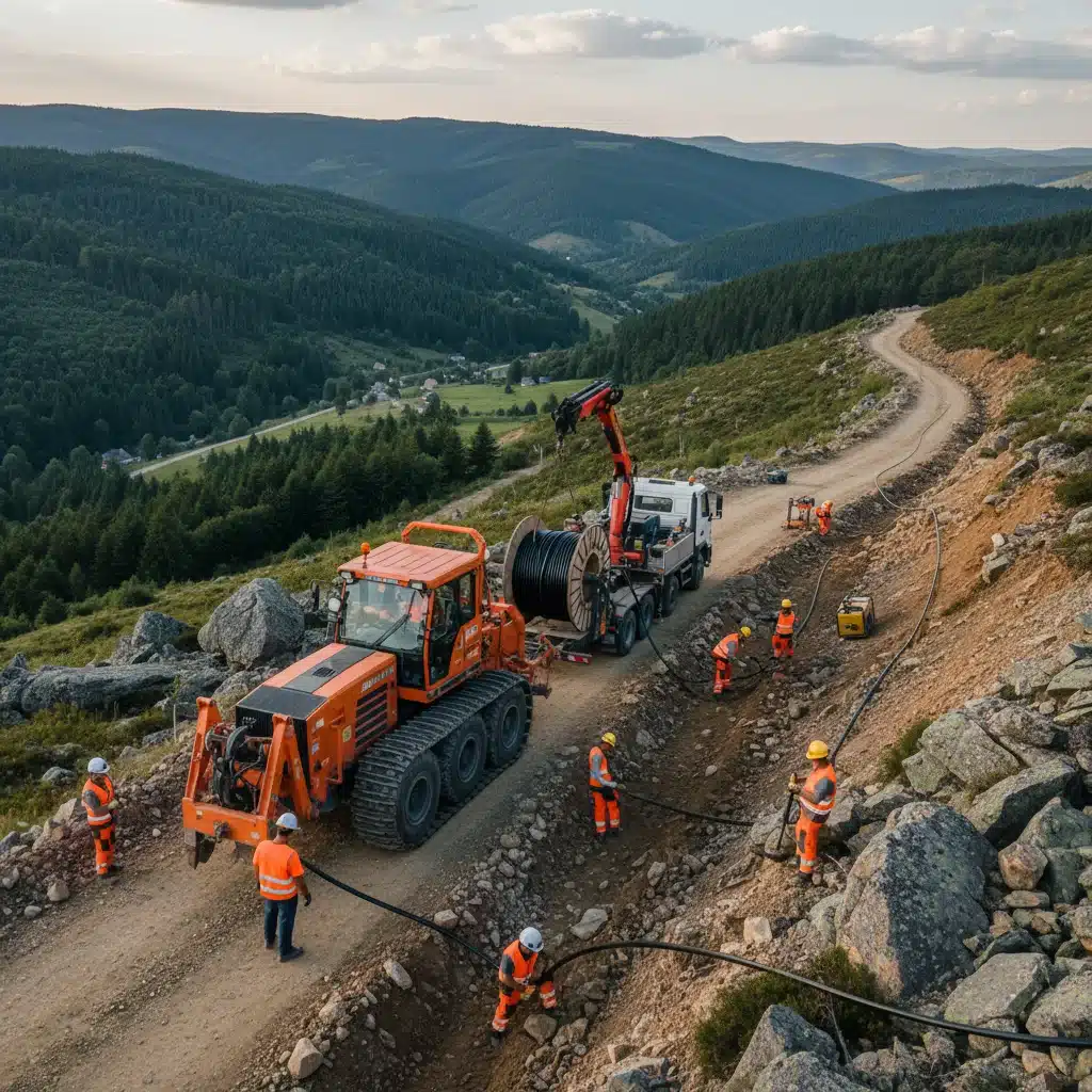 Engineers installing fiber optic cables in challenging rural terrain