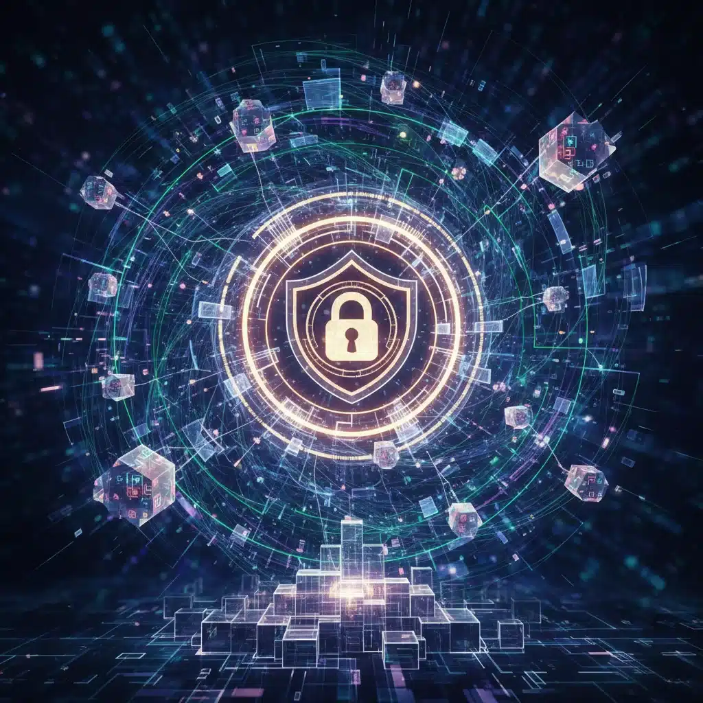Abstract visualization of secure digital networks and encrypted data, representing robust data protection.