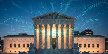 Supreme Court building with digital data overlay, representing data privacy ruling and tech implications by March 2026.