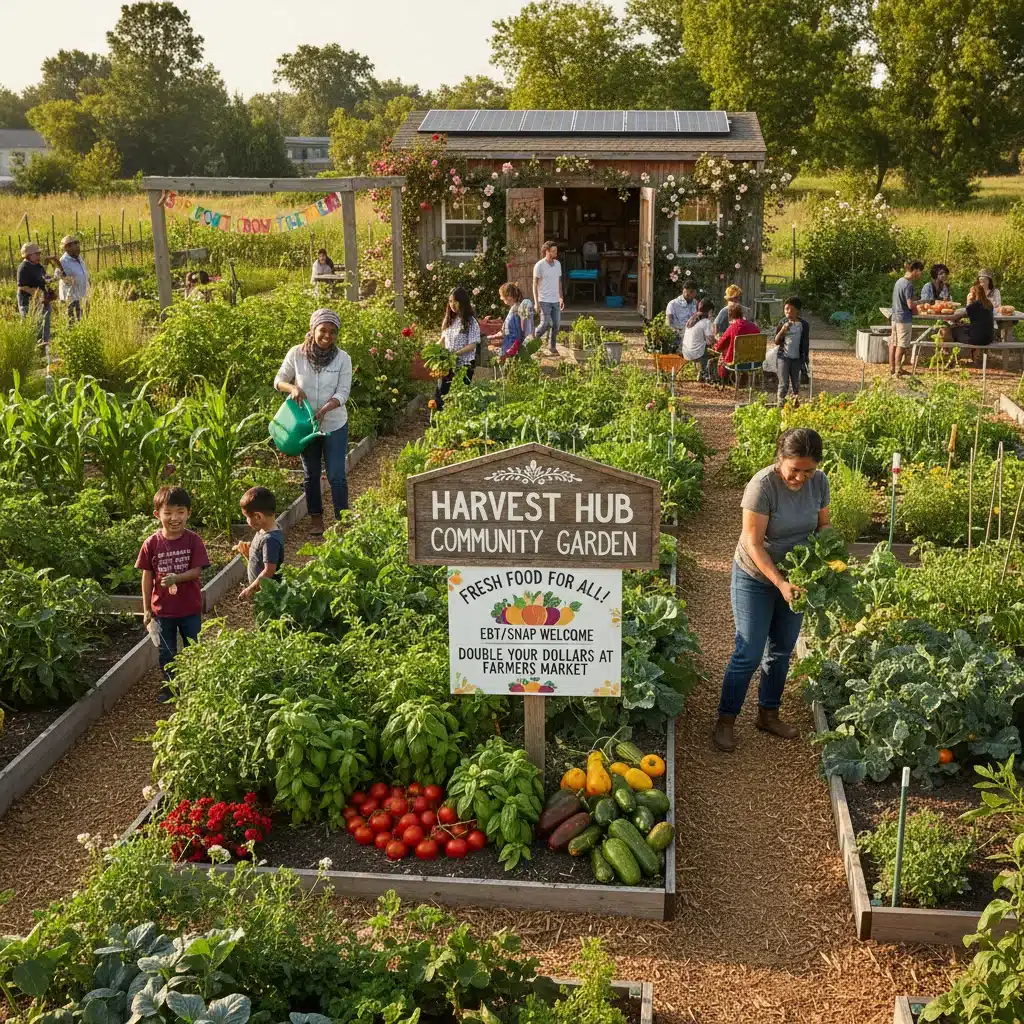 Community garden with people harvesting, promoting fresh food access