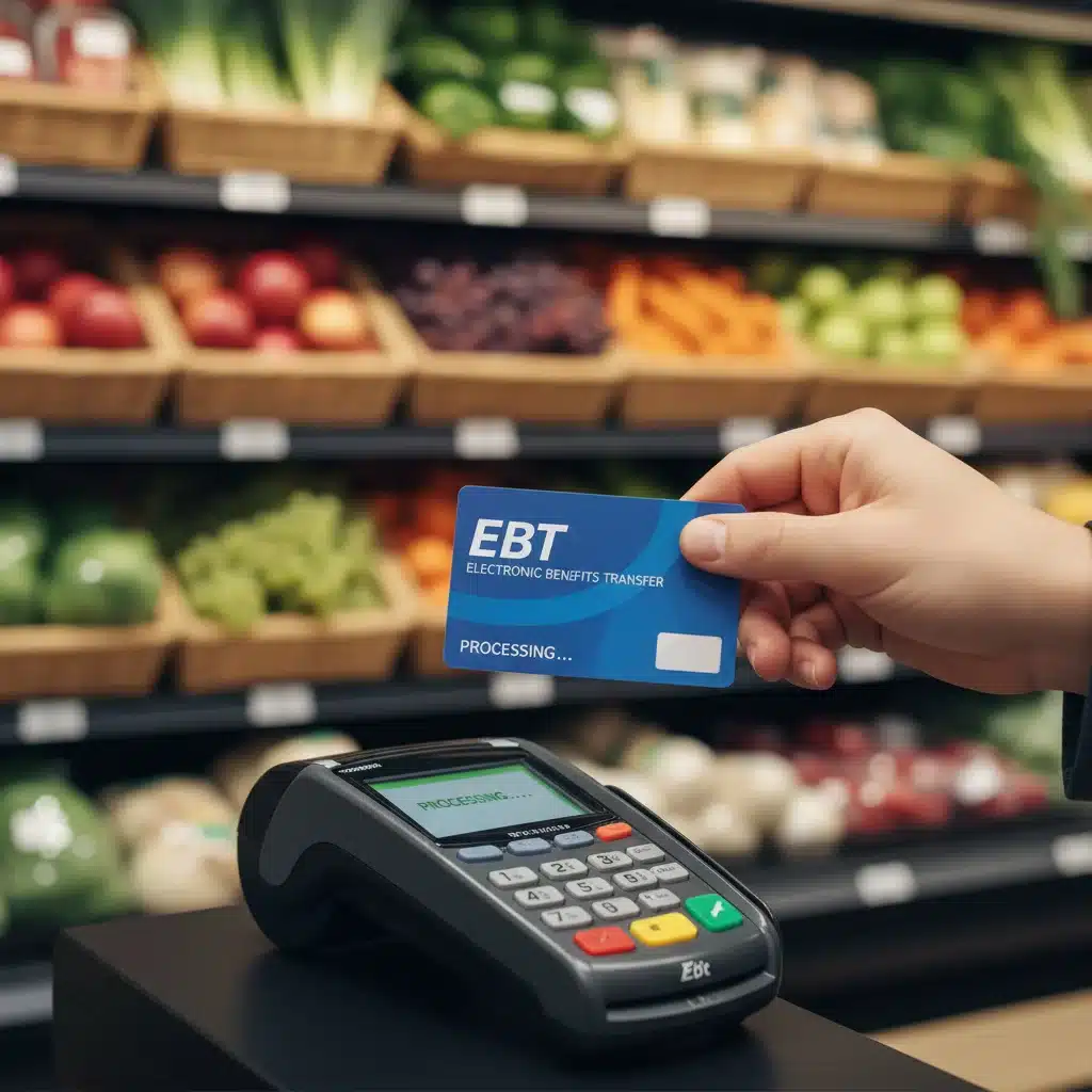 Hand using EBT card for grocery purchase, fresh produce in background