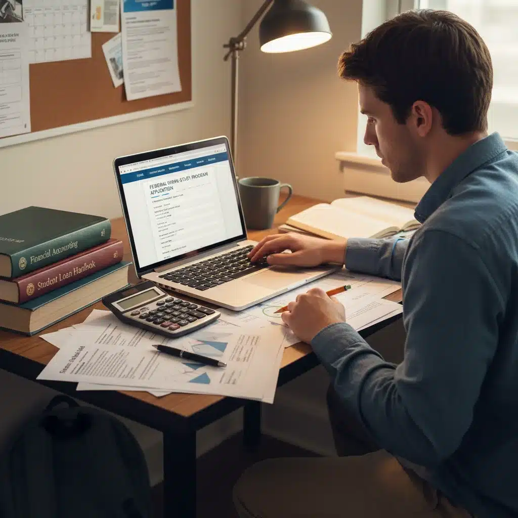 Student navigating financial aid application portal for Federal Work-Study.