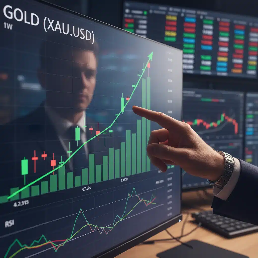 Financial expert analyzing gold price trends on a digital chart.