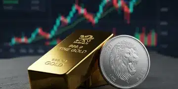 Gold bar and silver coin symbolizing precious metals investments, with financial data in the background.