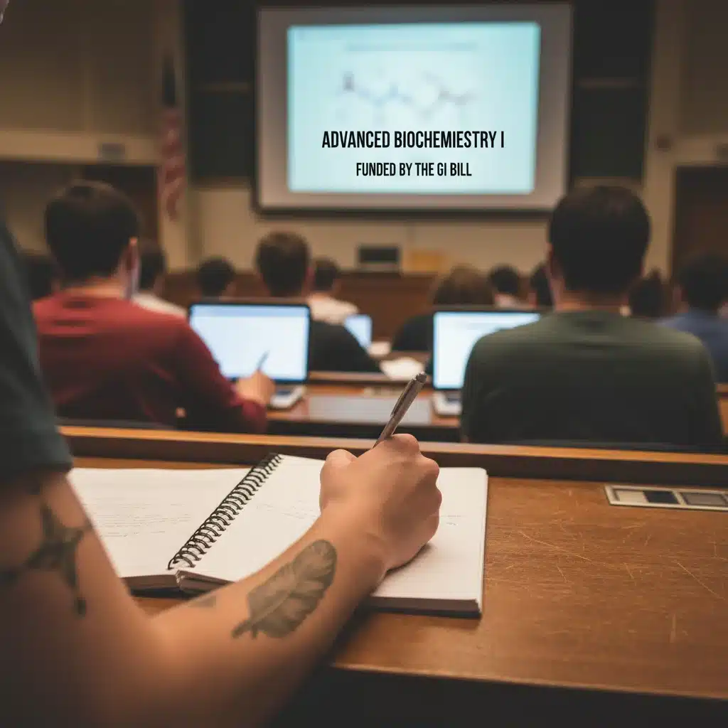 Student taking notes in a college lecture hall