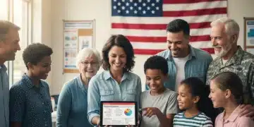 Veterans and families reviewing GI Bill benefits on a tablet