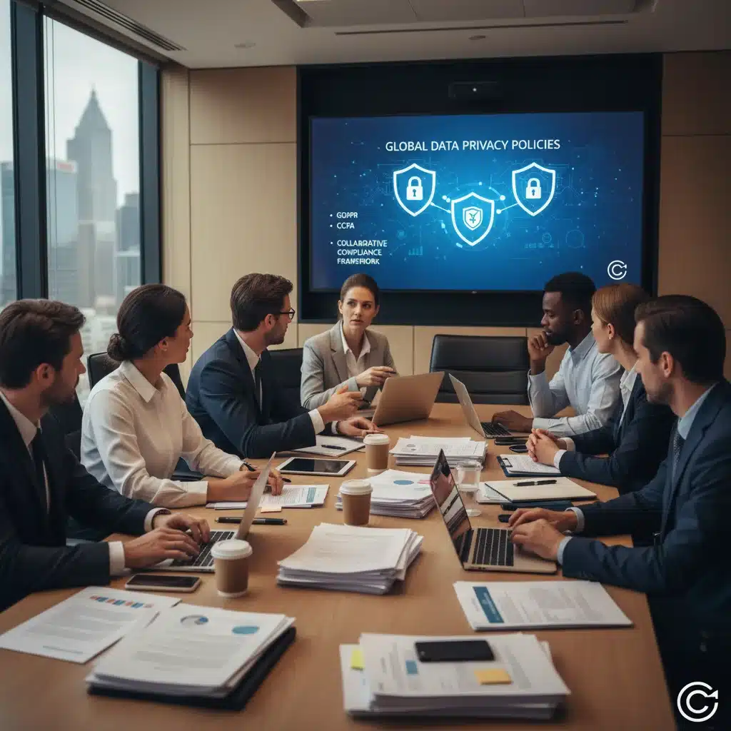 Business professionals discussing data privacy policies in a meeting.
