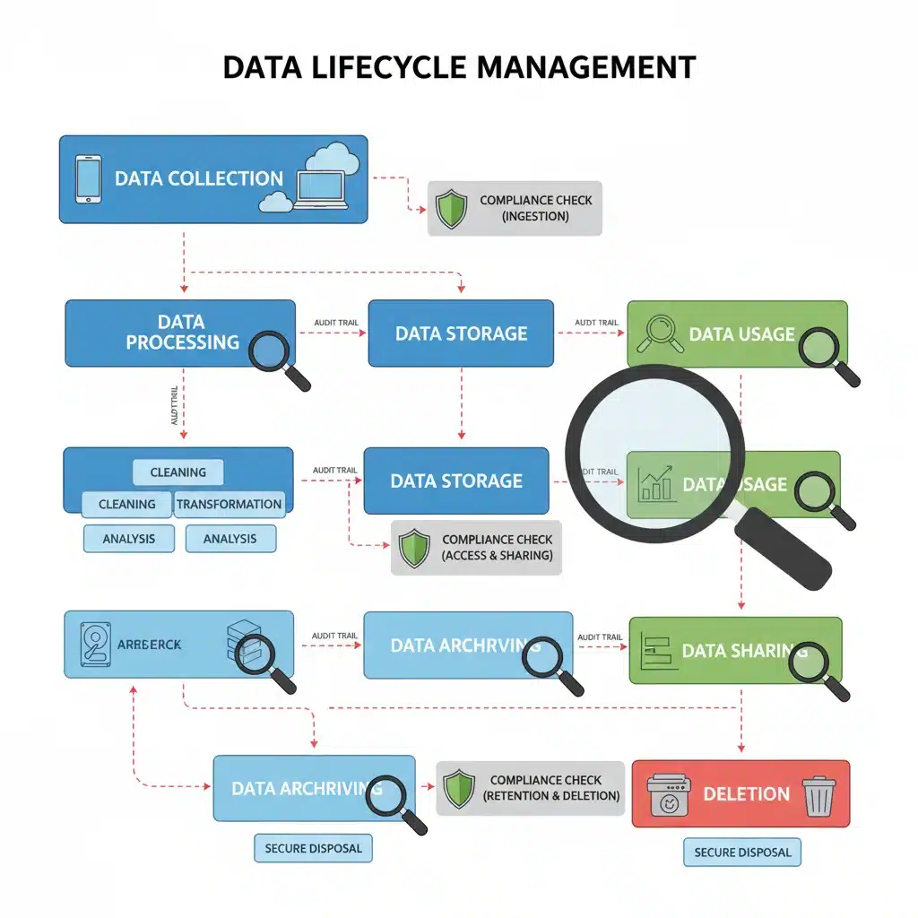 Flowchart illustrating data lifecycle management with compliance checkpoints and magnifying glass.