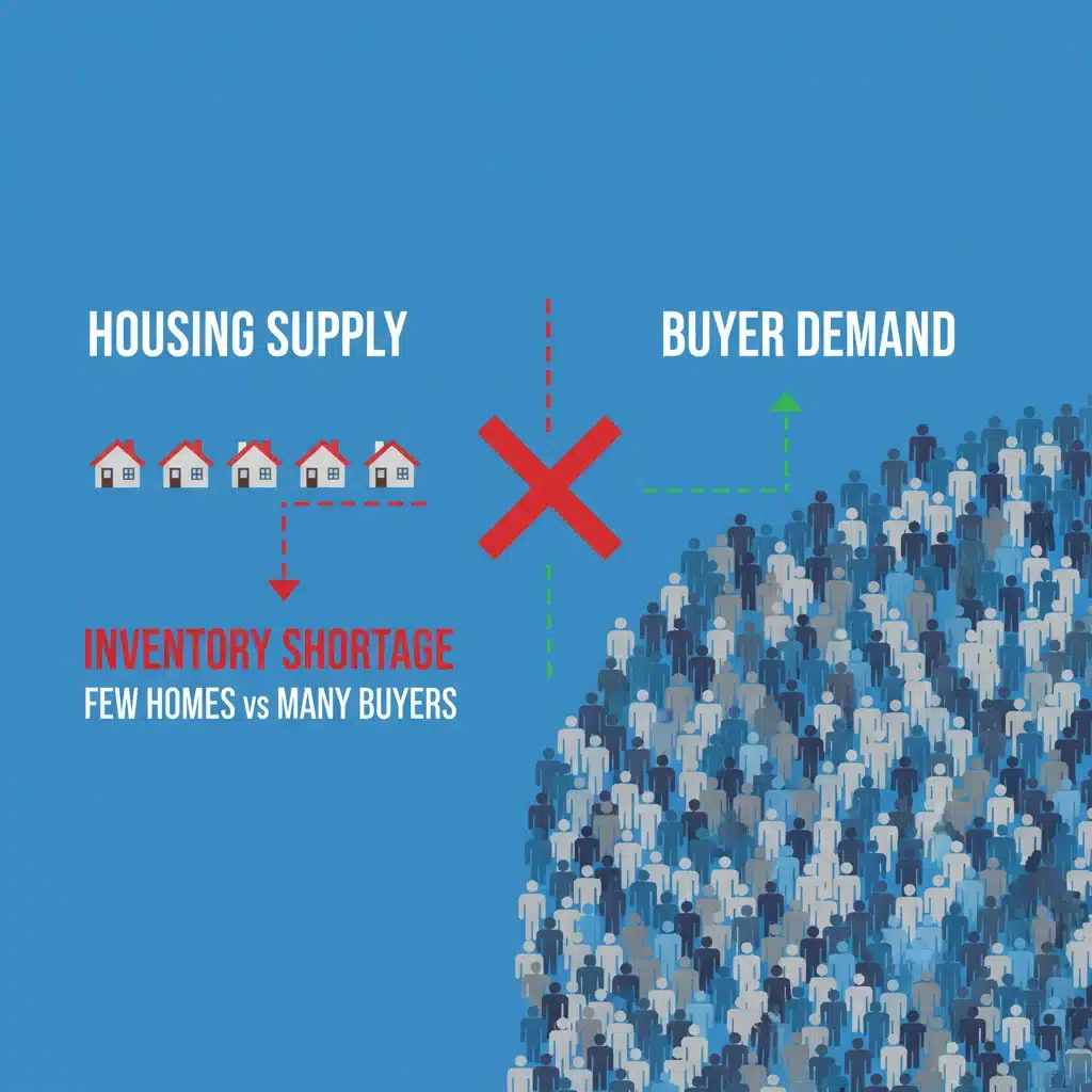Infographic depicting housing supply and demand imbalance, illustrating inventory shortage.