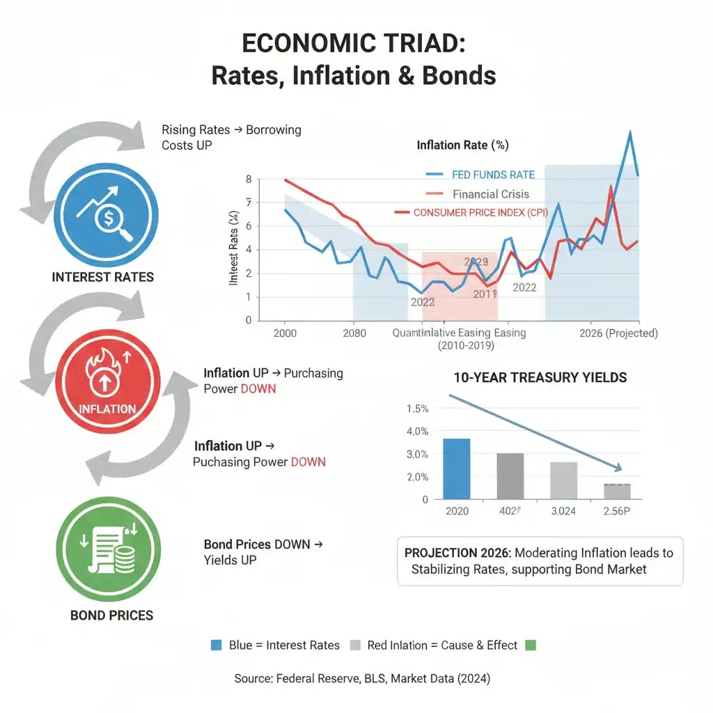 Infographic showing interest rates, inflation, and bond price relationship