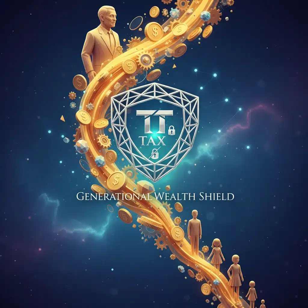 Abstract depiction of intergenerational wealth transfer with a protective shield, symbolizing tax-efficient asset protection.