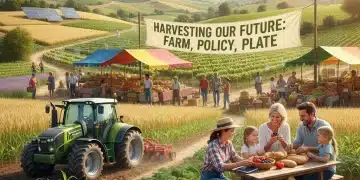 Vibrant agricultural landscape with tractor, farmer, and market produce reflecting new policy.