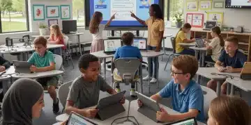 Students and teacher interacting with AI educational tools in a modern classroom