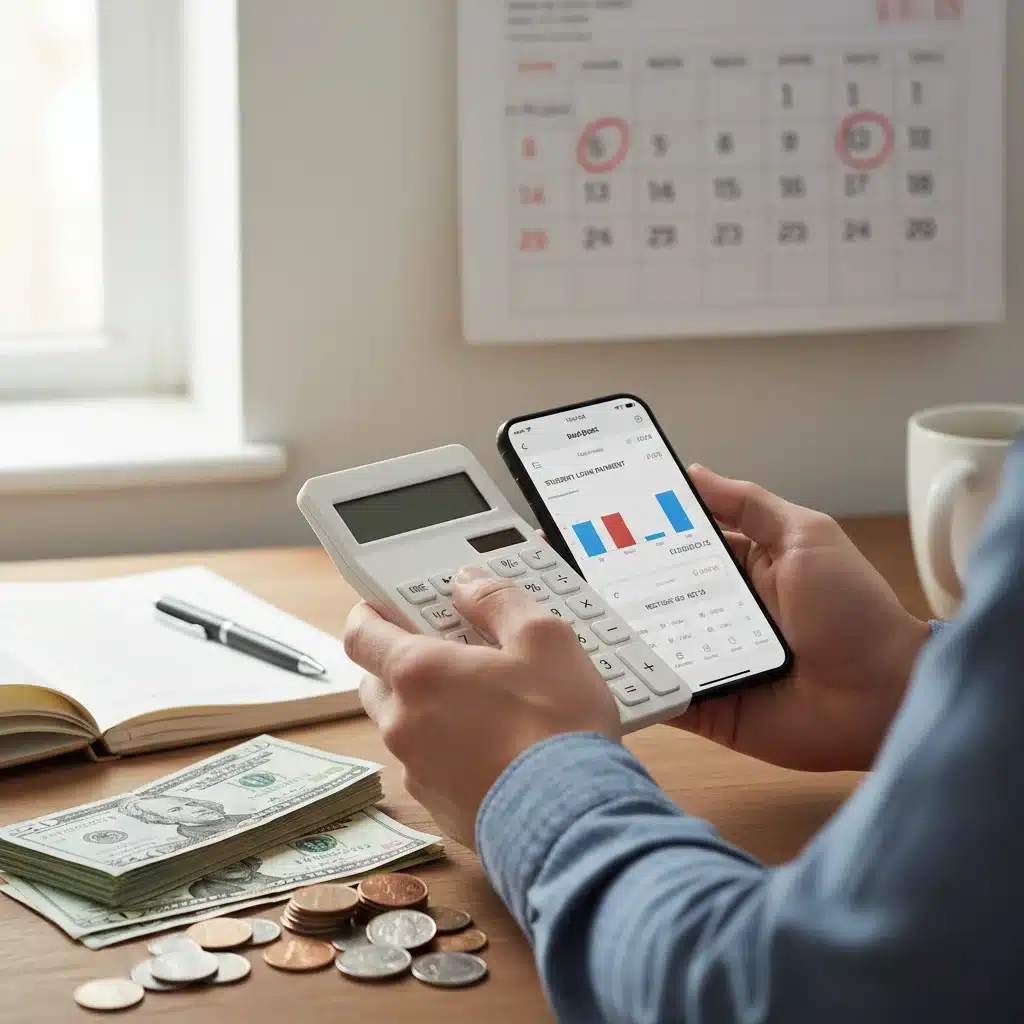 Person budgeting and calculating student loan payments with a smartphone app