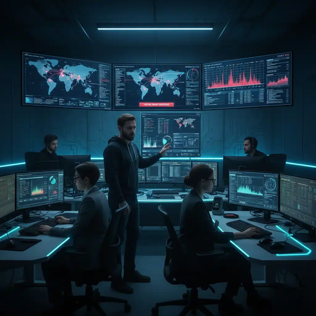 Cybersecurity team monitoring threat alerts in a security operations center.