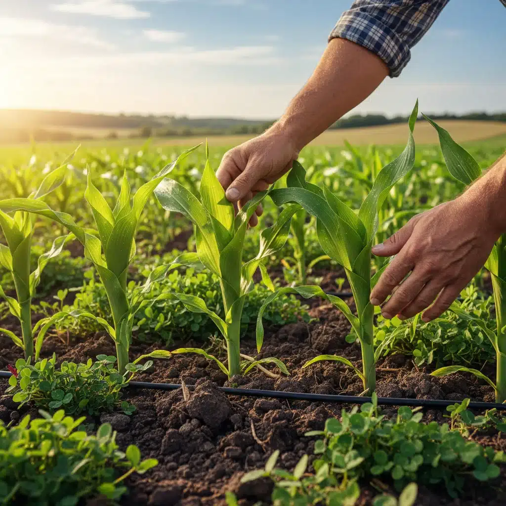 Farmer's hands inspecting healthy green crops, emphasizing sustainable farming practices.