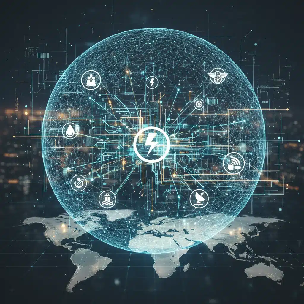 Global interconnected critical infrastructure with protective cyber resilience barrier.
