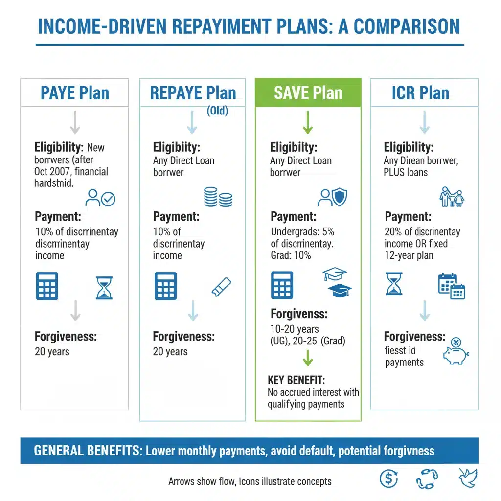 Infographic comparing income-driven repayment plans, highlighting the SAVE Plan benefits