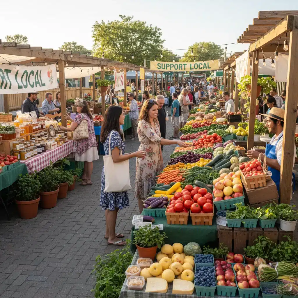 Bustling local farmers' market with fresh produce and happy shoppers, showing consumer impact.