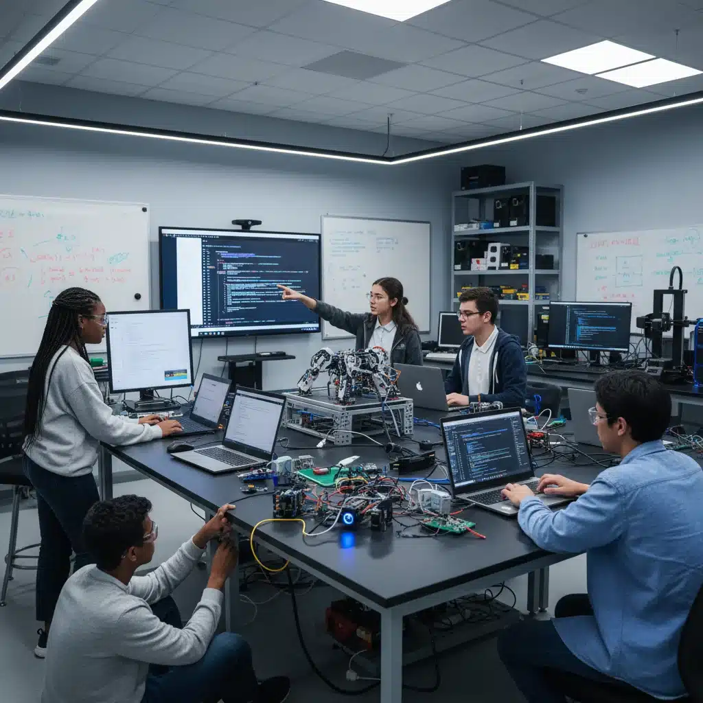 High school students programming a robot with AI in a STEM lab