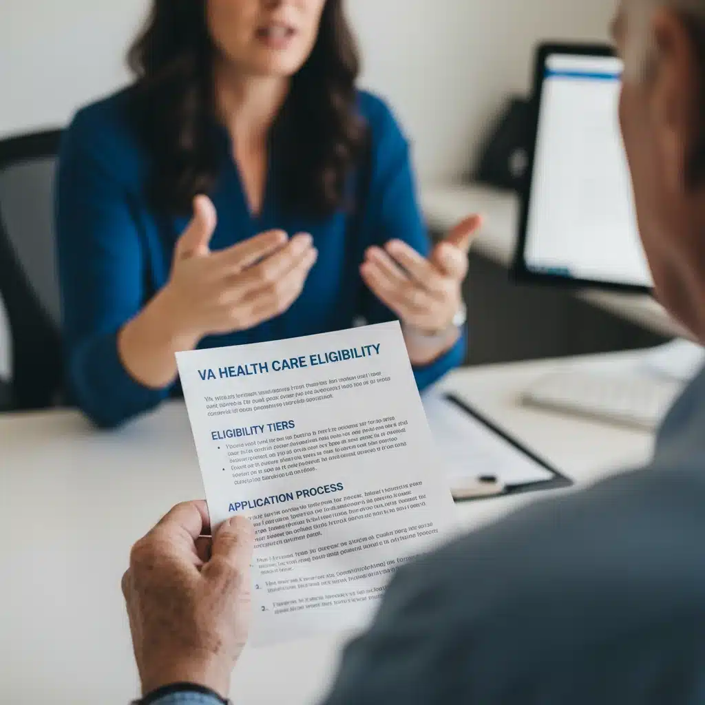 Veteran reviewing VA health care eligibility pamphlet with counselor.