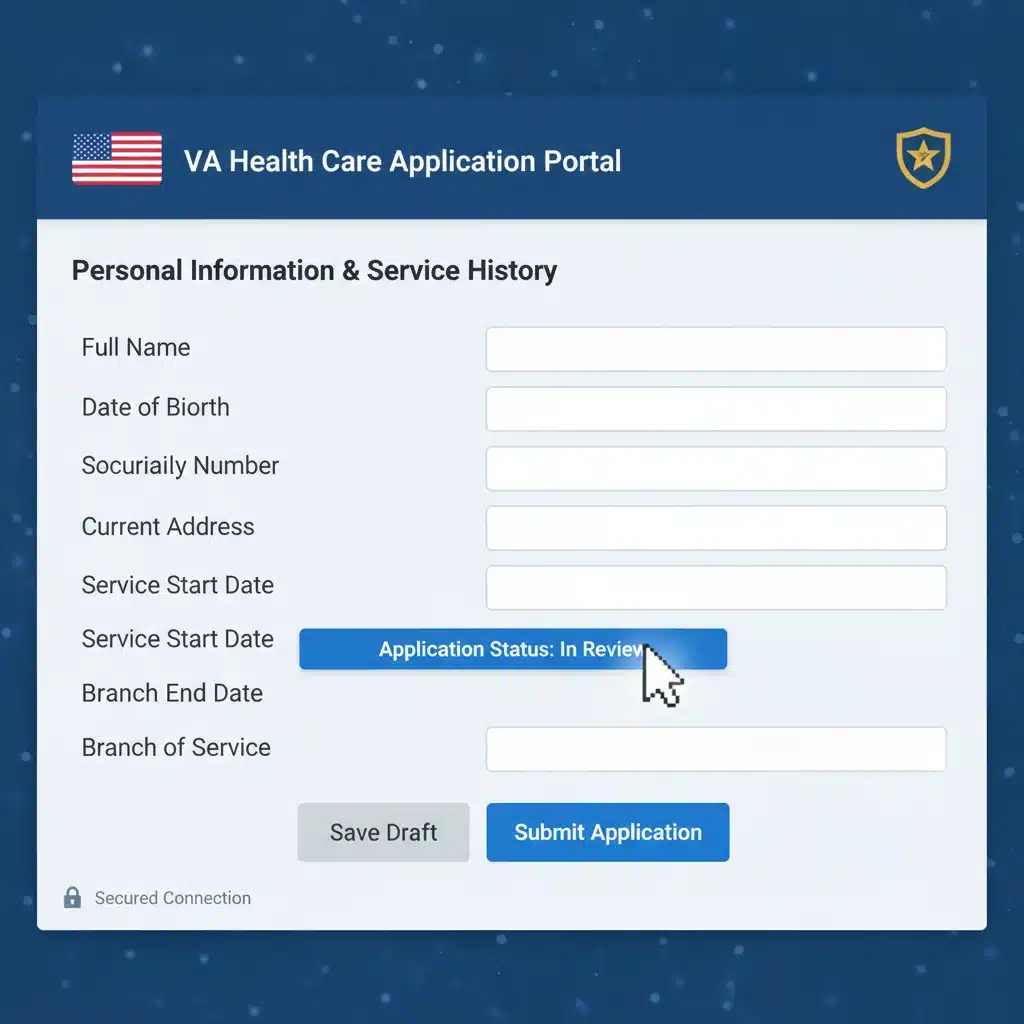 Screenshot of VA online health care application portal.