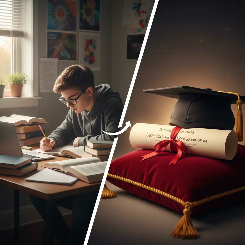 Student studying with a college diploma, representing accelerated degree path.