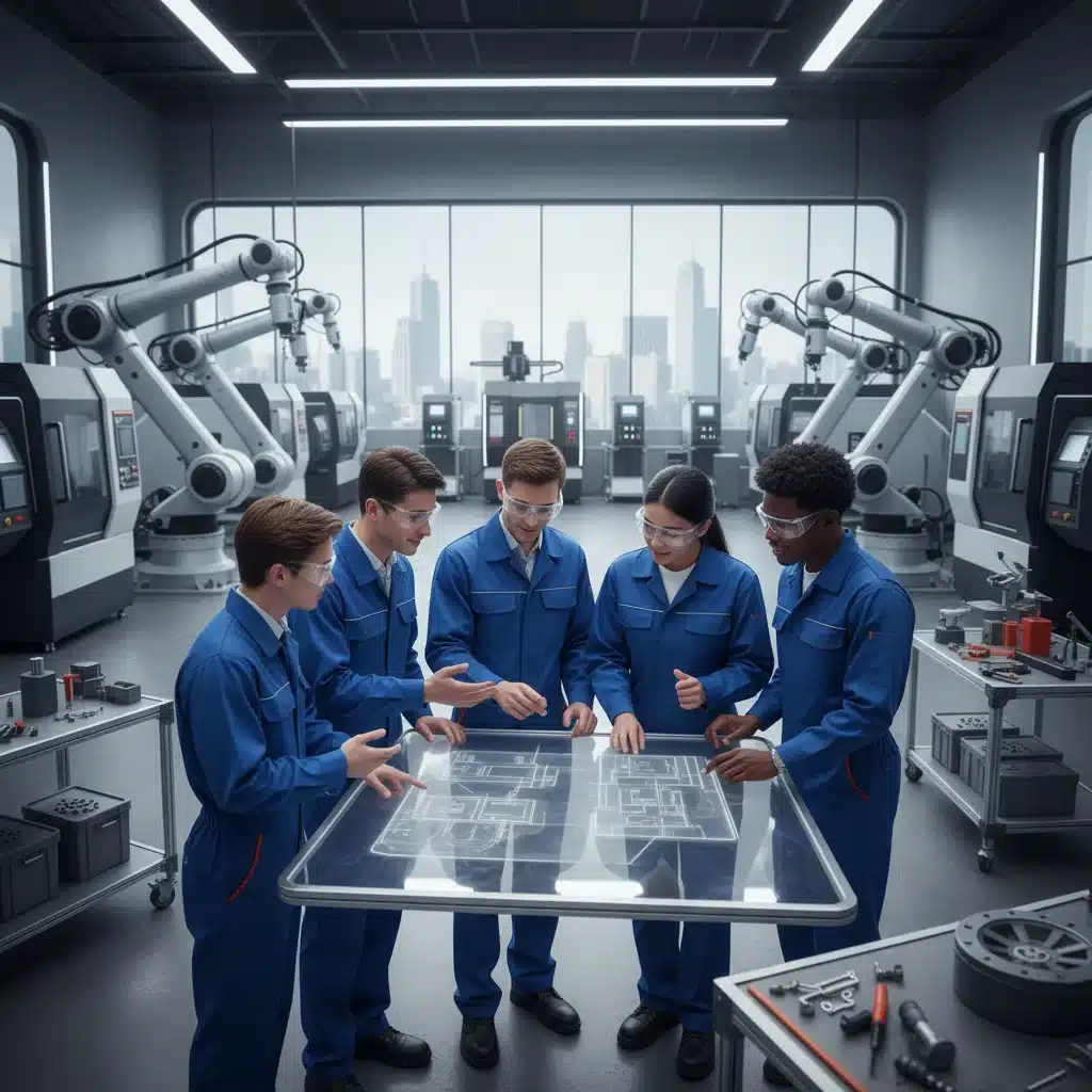 Apprentices collaborating on a high-tech manufacturing project, demonstrating teamwork.