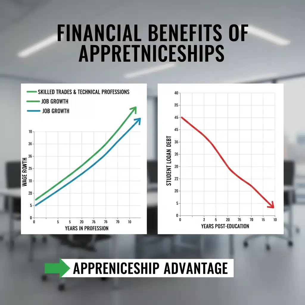 Financial chart illustrating high wage growth and low debt for apprenticeship graduates.