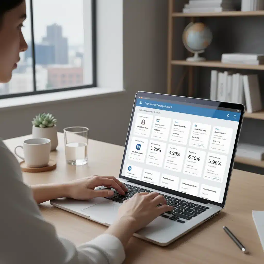 Person comparing high-yield savings accounts on a laptop.