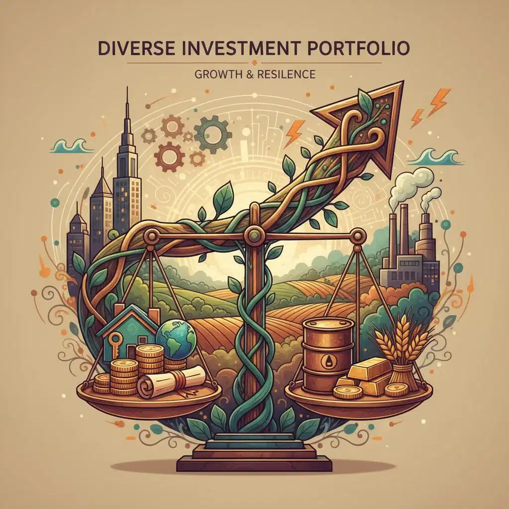 Diverse investment portfolio illustration with asset classes and growth trend
