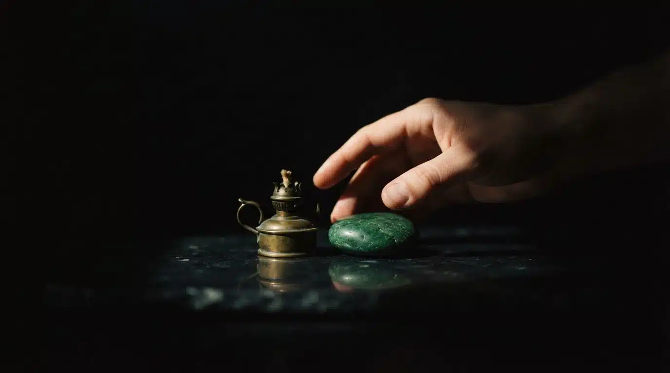 A hand chooses between a small oil lamp and a green river stone, symbolizing the balance between economic growth and environmental policy debates.