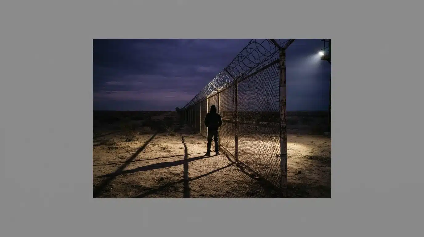 A silhouetted person stands near a weathered border fence at dusk, under a harsh spotlight, representing national security and border policy concerns.