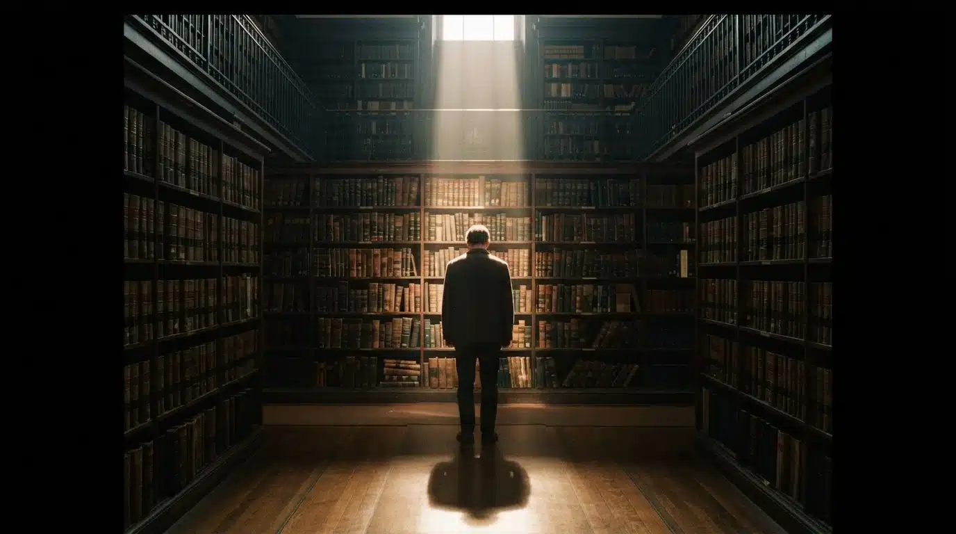 A person stands in a dimly lit library aisle filled with legal texts, symbolizing the complexity of social policy debates in healthcare and education.