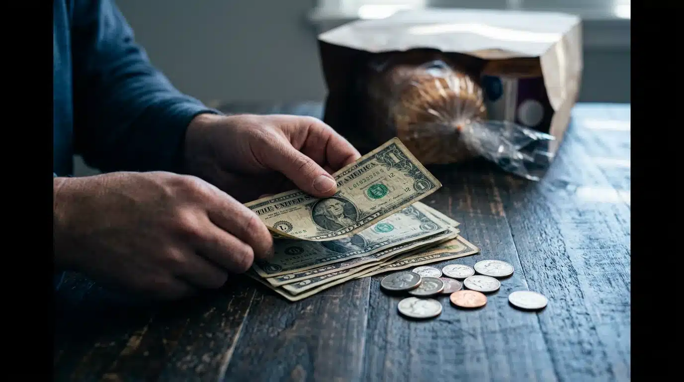 Close-up of a person's hands counting money on a wooden table with groceries in the background, illustrating the impact of cost of living and inflation on household budgets.